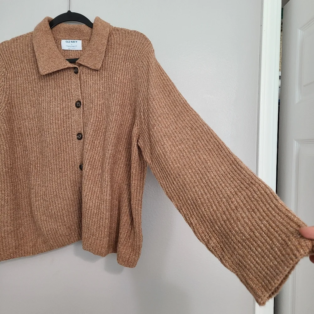 Old Navy SoSoft Minimal Neutral Collard Button Up Beige Tan Cardigan Waffle XL